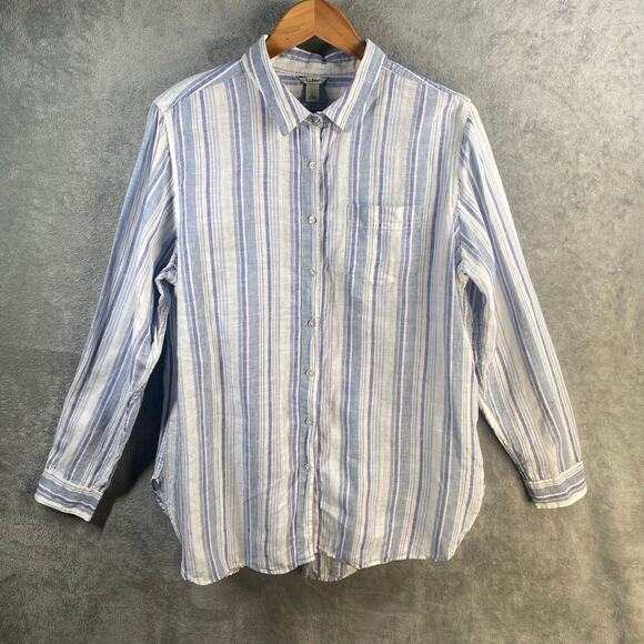 LL Bean Top Large Linen Button Down Long Sleeve Striped Shirt Coastal Relaxed - Picture 2 of 15